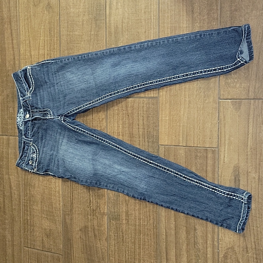 Paisley Sky stretch denim blue jean skinny thick stitch rhinestone embellish 8…